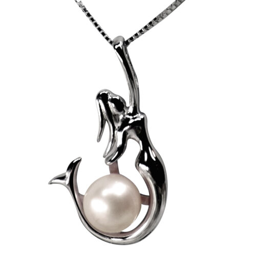 Elegant Mermaid 925 Sterling Silver White Pearl Pendant Necklace