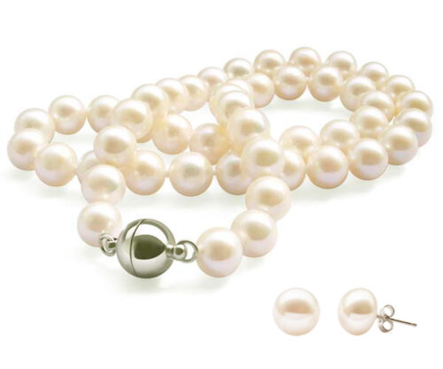 8-9mm White Round Pearl Necklace Earrings Set