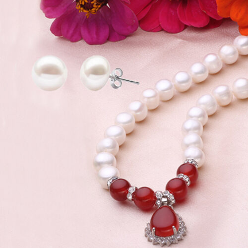 Real Pearl Necklace Red Agate 925 Silver Set Earrings