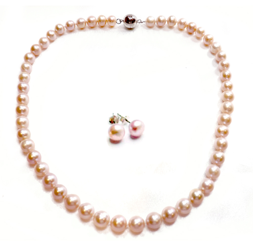 8-9mm Genuine Natural Akoya Cultured Pearl Jewelry Set – Necklace, Bracelet, Earrings – White Gold Plated