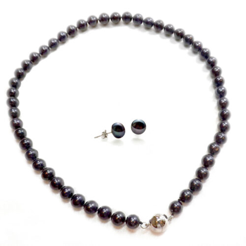 Black Colored 8-9mm Round Black Pearl Necklace Earrings Set