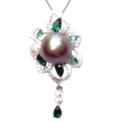 18K white Gold over 925 Sterling Silver Flower gemstone setting in diamonds and emeralds