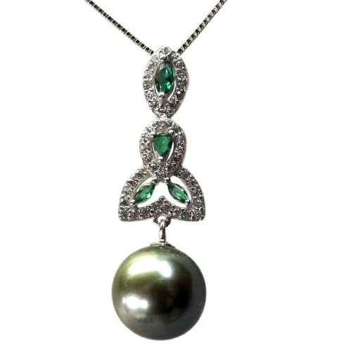 18KG Over 925 Sterling Silver Tree Shaped Jade Pearl Pendant in Diamonds