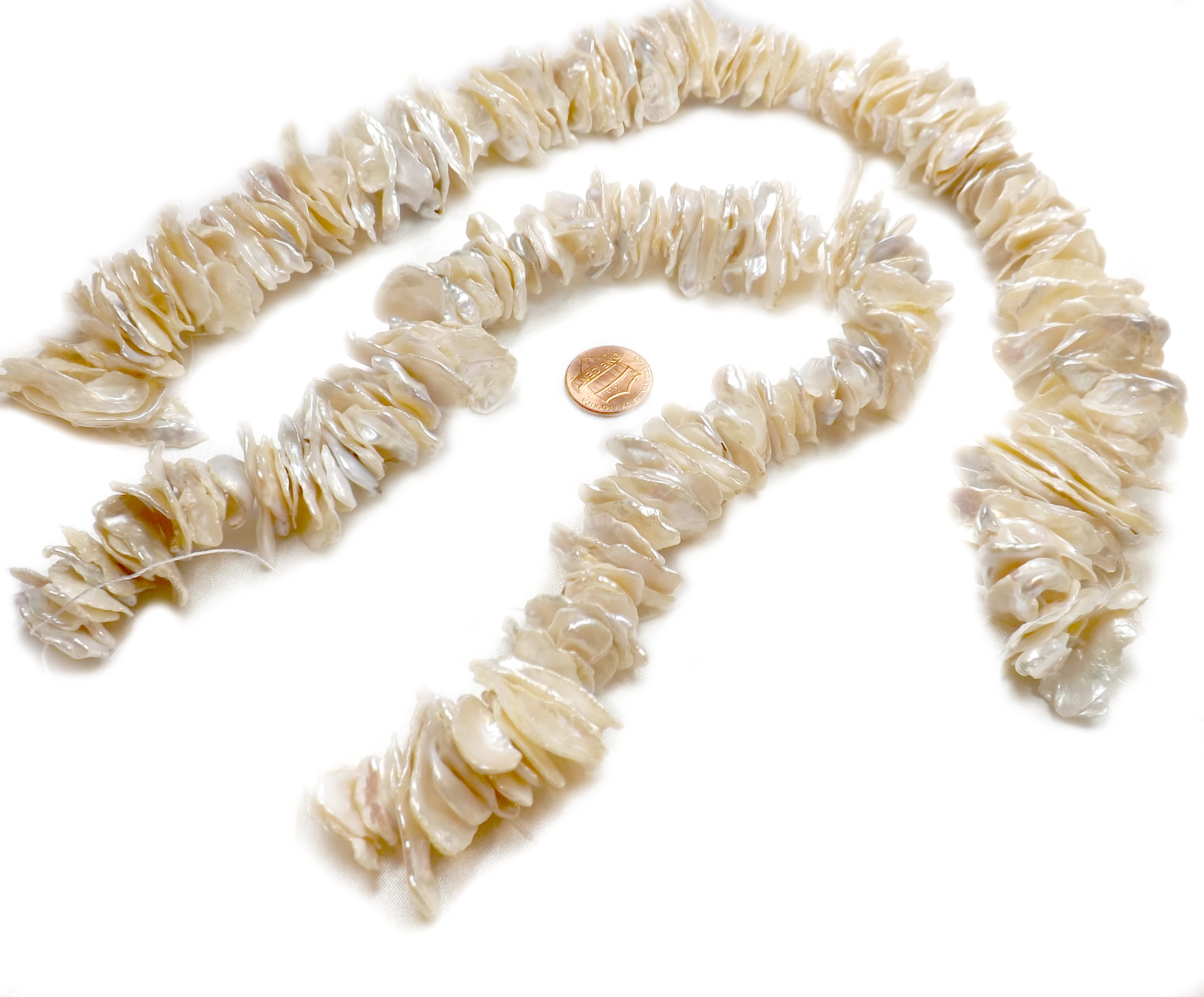 Center Drilled 20x25mm Huge Sized Rare 130 Cream White Colored Thin Keshi  Pearls on a Strand