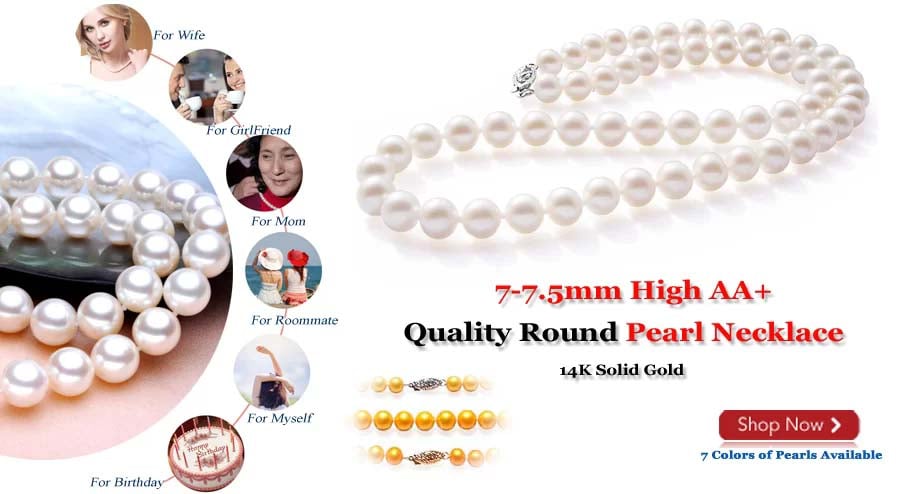 7-7.5mm White High AA+ Quality Round Pearl Necklace 14K Solid Gold 7-7.5mm White High AA+ Quality Round Pearl Necklace 14K Solid Gold