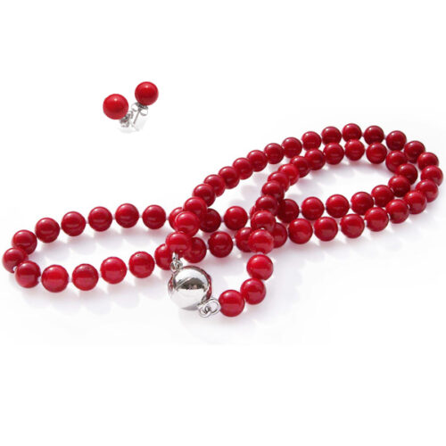 Red Coral Necklace and matching silver earrings set
