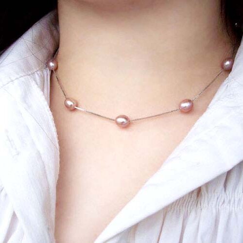 Mauve colored Tin Cup Sterling Silver Pearl Necklace