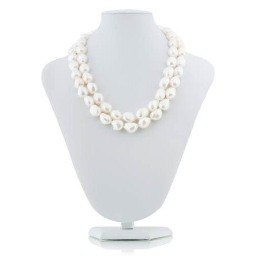 White 13-14mm 2-Row  Baroque Pearl Necklace, 925 SS Clasp