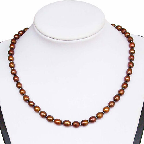 6-7mm AA+ Rice Chocolate Pearl Silver Necklace 16in Choker Length