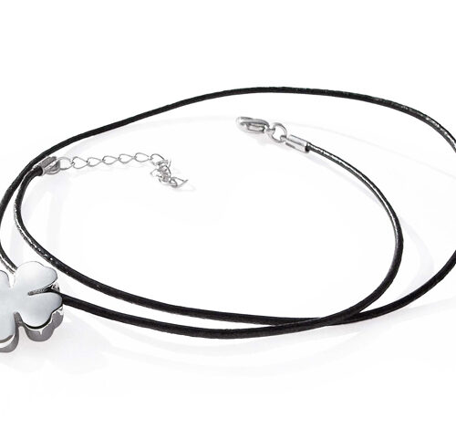 Clover Shaped Pendant, 18K WG Overlay, Leather Cord