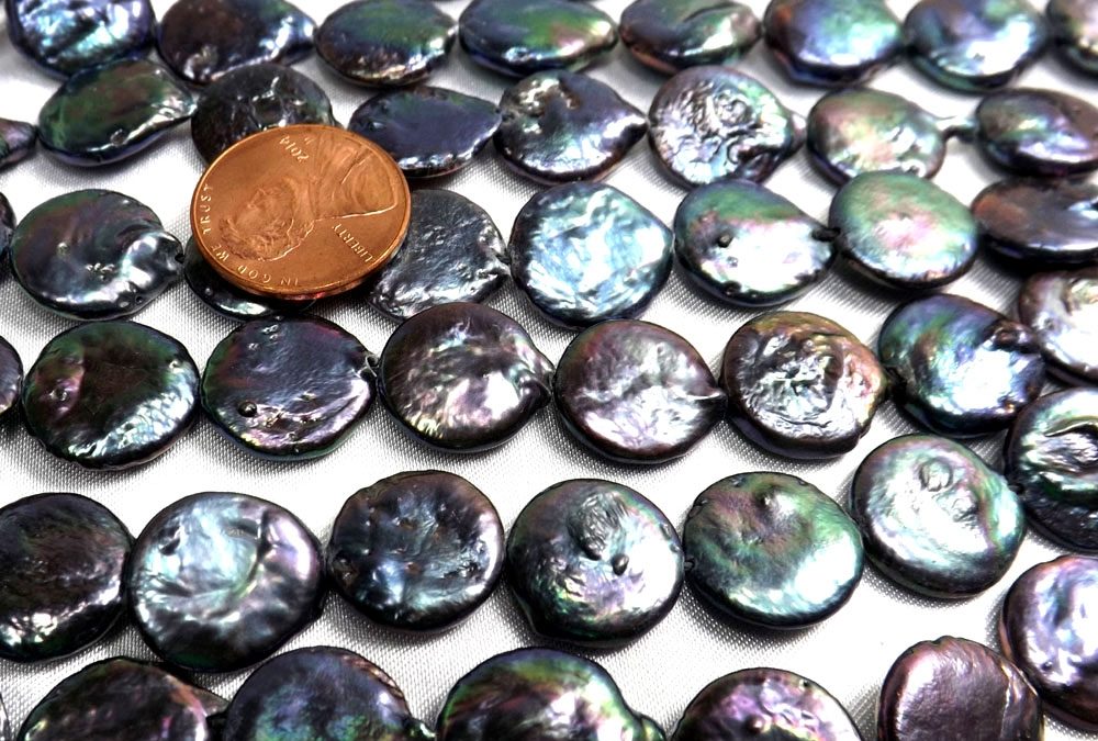 12-13mm Peacock Black Multi-Color Overtone Round Coin Pearls Beautiful