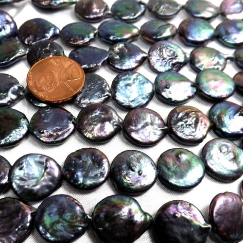 12-13mm Peacock Black Round Coin Pearls