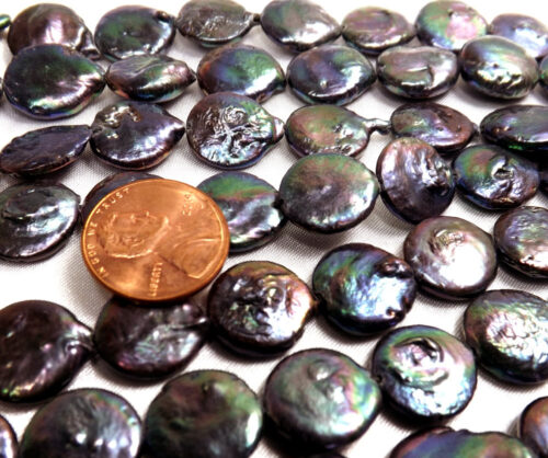13-14mm Peacock Black Round Coin Pearls