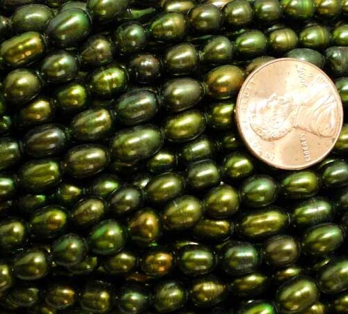 Peacock Green 5-6mm Oval or Rice Pearl Strands