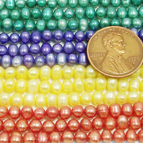 Teal Green, Orchid, Yellow and Coral 3-4mm AA+ Quality Semi-Round Potato Pearl Strands