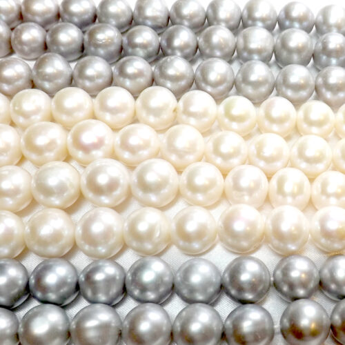 White or Grey Colored 12-13mm Near Round Potato Pearls on Temporary Strand