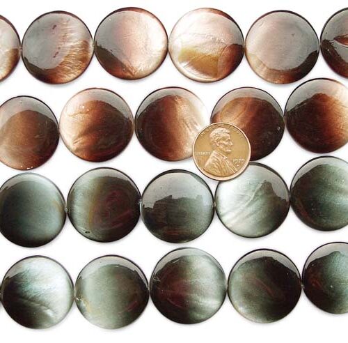 Brown and Black 25mm Flat Round Mother of Pearl Strands in Graduated Color, Spray Painting