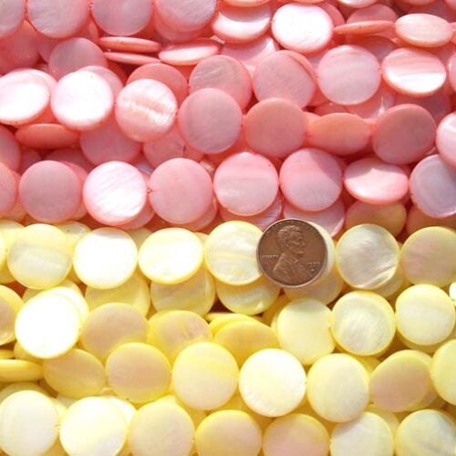 Baby Pink and Light Yellow 18mm Flat Round MOP Strands