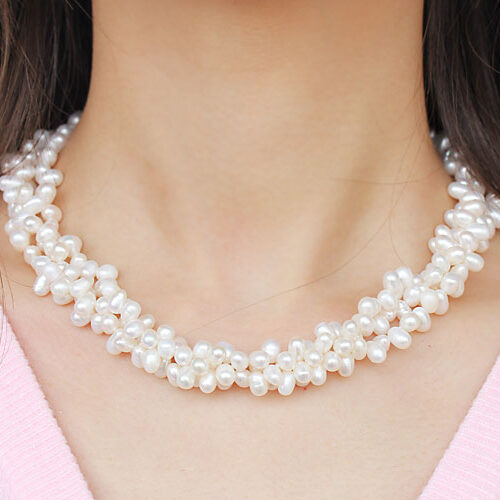 White 3 Strand 5x6mm Pearl Necklace, 925 SS