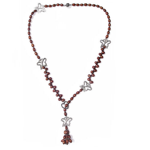 Chocolate 6-7mm Lariat Rice Pearl Necklace 25in Long, Claspless