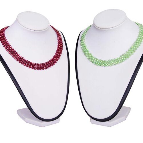Cranberry and Light Green colored Multi-strand Pearl Necklace, 925 Silver