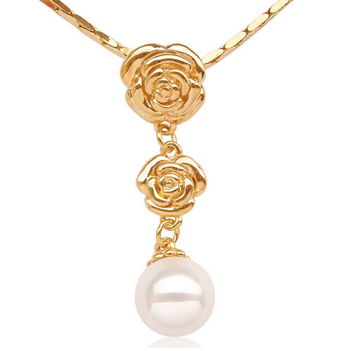 White 12mm Southsea Shell Pearl Pendant in Double Rose Design, 18K YG Overlay