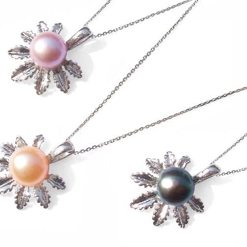 Mauve, Pink and Black 8mm Freshwater Pearl with Palm Leaf Designer Pendant, 16in Silver Chain