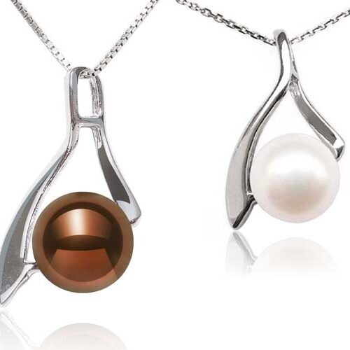 Chocolate and White 8-9mm Pearl Pendants in Half Leaf Design, 16in Silver Chain