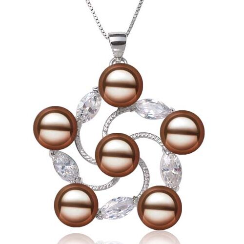 Chocolate 8-9mm Pearls in Flower Shaped Pendant, 16in Silver Chain