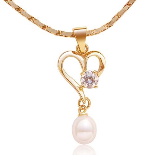 White Heart Shaped Pearl Pendant with a Round Cz Diamond, Free Chain