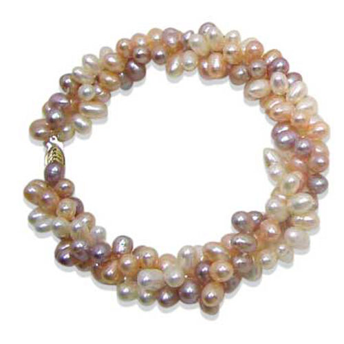 Twisted 3 Row Multi-Color Pearl Bracelet in 14k Gold