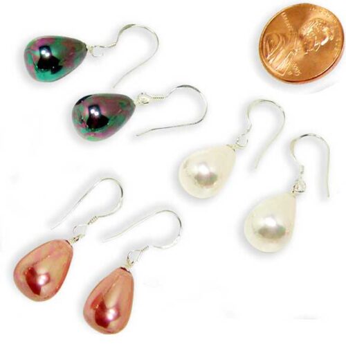 Peacock Black, White and Mauve 13x16mm or 10x14mm Drop Shaped Southsea Shell 925 Sterling Silver Pearl Earrings