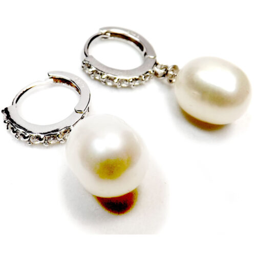 925 Sterling Silver Pearl Dangling Earrings in Diamond Accent Circle