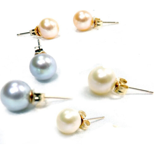 6.5-7mm AAA White, Grey and Pink Round Pearl Earrings 14kY Gold
