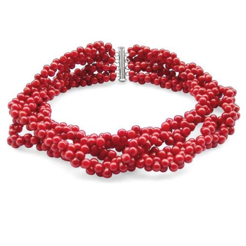 4-Row Genuine Peanut Shaped Coral Necklace, 925 Silver