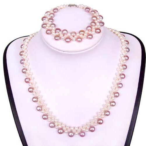 White and Mauve Pearl Necklace and Bracelet Set