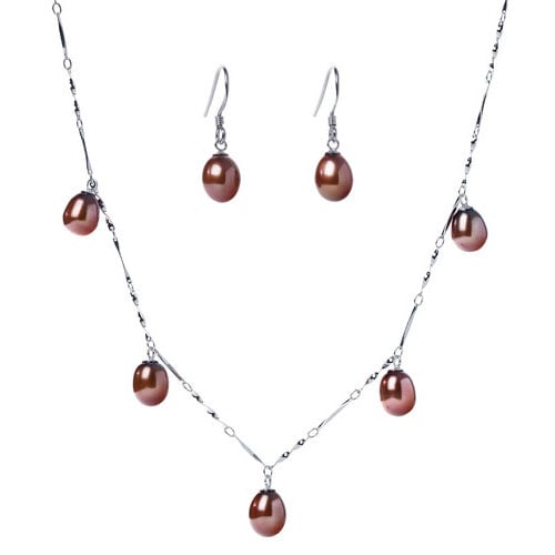 7-8mm Dangling Chocolate Pearl Necklace and Earrings Set