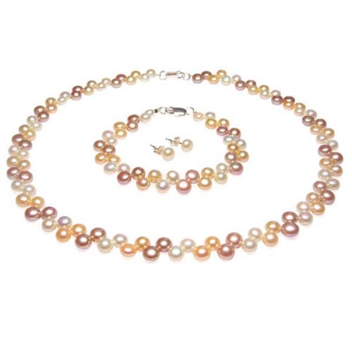 Pearl Necklace Bracelet and Earrings Complete Set of 3, 925 Silver