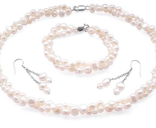 White 4-5mm and 7-8mm Baroque Pearl Necklace, Bracelet and Earrings Set of 3, 925 Sterling Silver