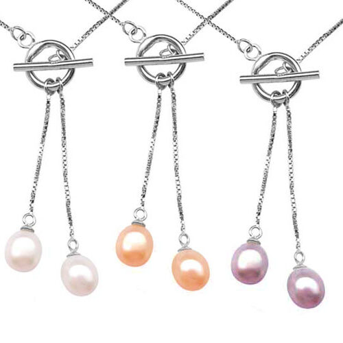 White, Pink and Mauve Dangling Drop Pearl Pendants in 925 Sterling Silver with Toggle Clasps