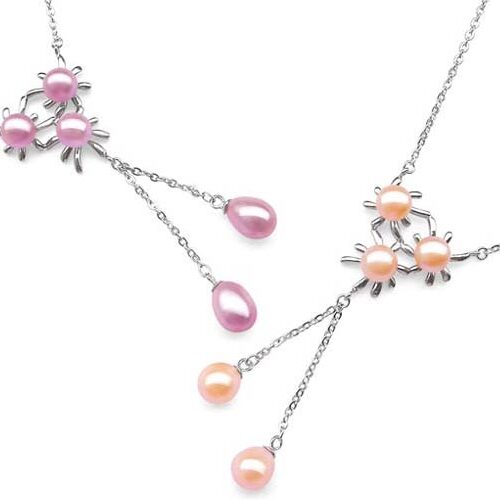 Pink and Mauve Triple Flower Designer Pearl Pendants in 925 Sterling Silver, Spring Ring Clasps
