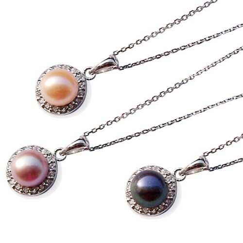 Pink, Mauve and Black 7-8mm Cultured Pearl Pendants in 925 Sterling Silver Settings, 16in Silver Chains