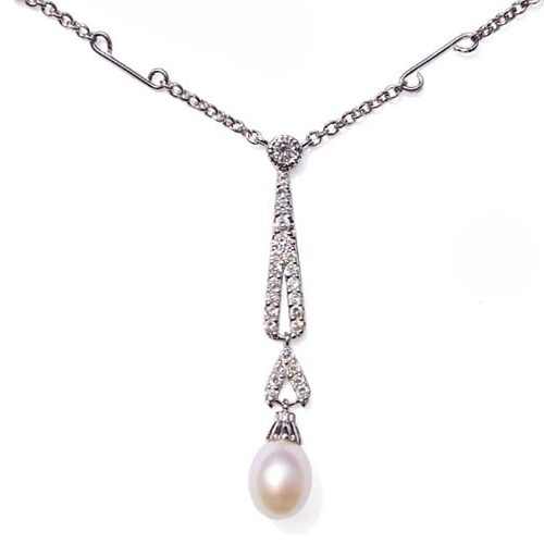 White 7-8mm Tear Drop Sterling Silver Necklace in CZ Diamonds, 16in
