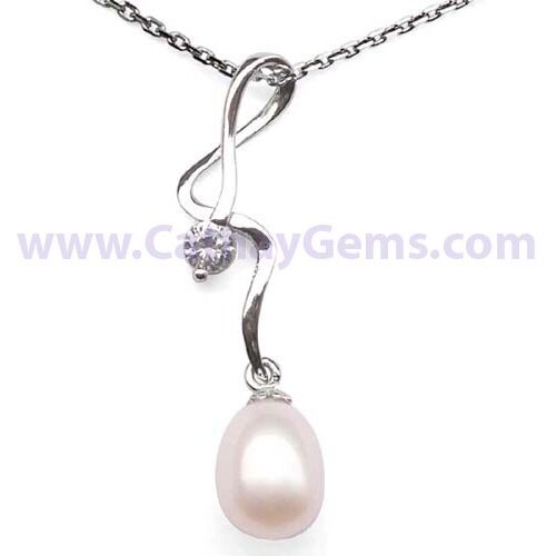 White 7-8mm Teardrop Pearl Silver Pendant with a Round Cz