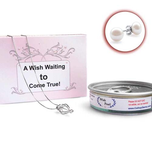 Make a Wish - Pearl Necklace and Earrings Gift Set with Silver Necklace, Silver Pearl Cage, and Pearl Studs Earrings