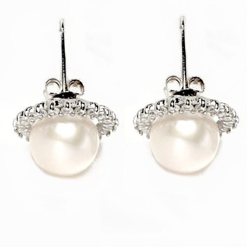 White 9-10mm freshwater Pearl Earrings in Sunflower Design, 925 Sterling Silver