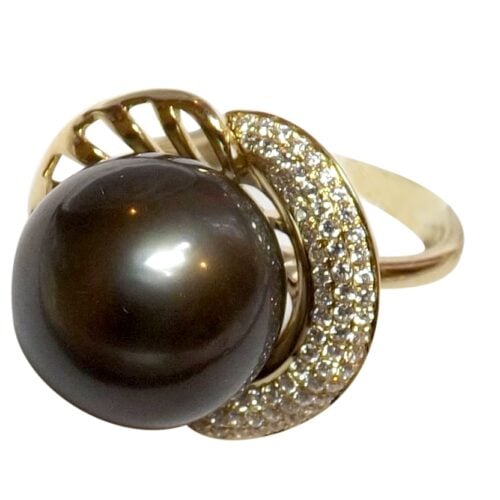14K Yellow Gold Tahitian AAA Pearl Ring with Diamonds