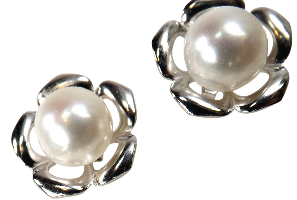 925 Sterling Silver Large Flower and 8.5-9mm Pearl Stud Earrings