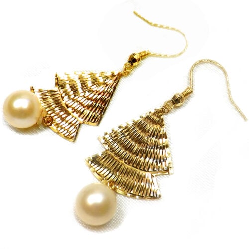 18K Yellow Gold and Round Freshwater White Pearl Earrings in Christmas Tree Design