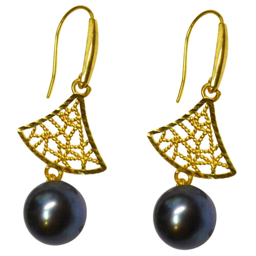18K Yellow Gold Tree Shaped Black Pearl Earrings